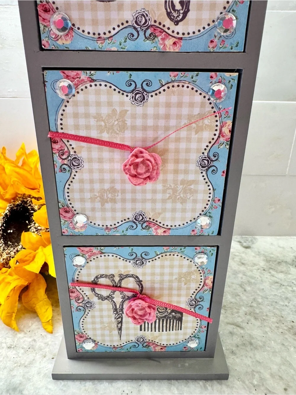New Shabby Style Gray, Blue, Pink Wooden 3 Drawer Organizer Storage Decor - 11”